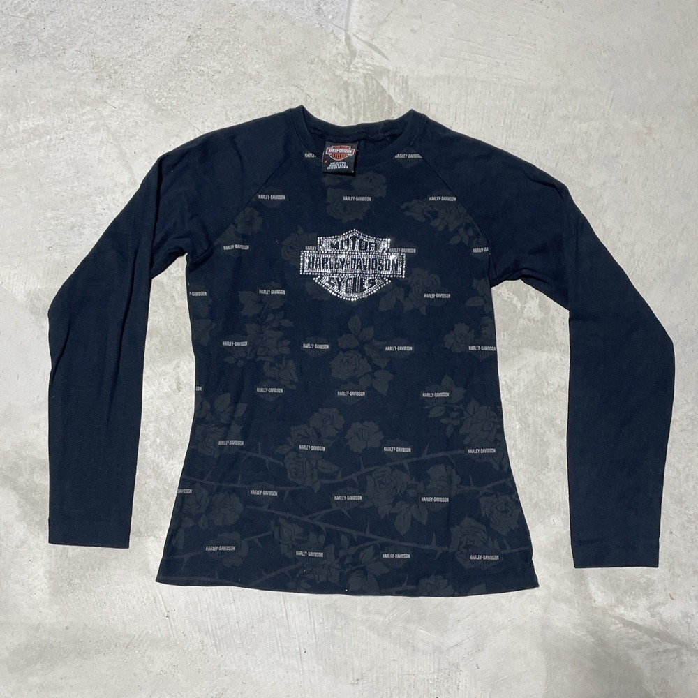 Harley Davidson L/S Graphic Tee Bedazzled Women's SZ M USA Missouri MO Villa